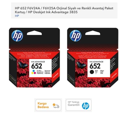 HP 652 F6V24A / F6V25A Orjinal Siyah ve Renkli Avantaj Paket Kartus / HP Deskjet Ink Advantage 3835