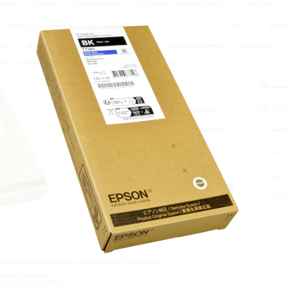 Epson C13T11N140 (T11N1) Siyah Orjinal Kartus - EM-C800RDWF / EP-C800RDW